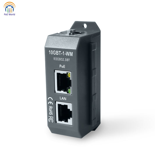 10GBT-1-WM Single Port 10 Gigabit 802.3bt PoE++ Injector | 90W Max Output | IEEE 802.3af/at/bt | Wall & DIN Mount