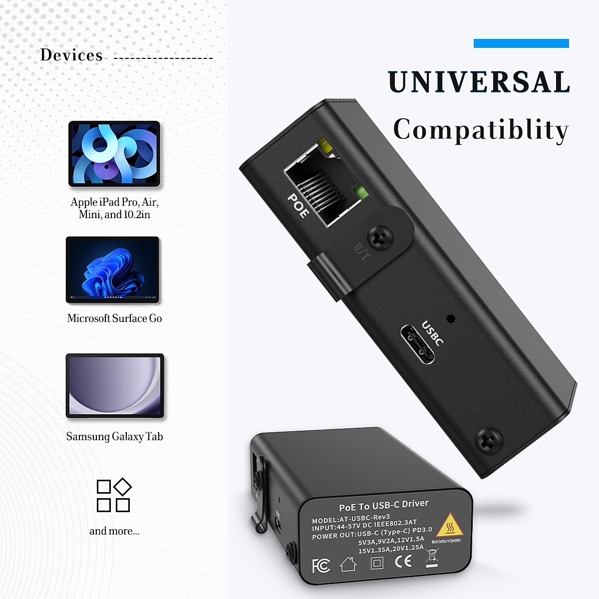 AT-USBC-Rev3 PoE Adapter 802.3at PoE+ to USB-C for Tablets – 25W Max Output PD3.0 Charger for Ipad, Samsung Tab,Microsoft Surface Convert POE to 5V,9V,12V,15V,20V