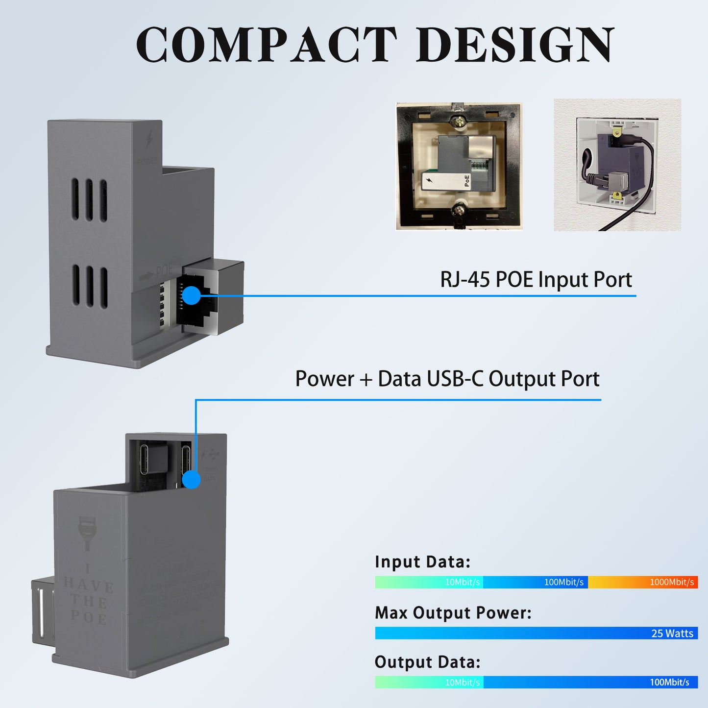 AT-USBC-JB POE+ USB-C Deliver Power& Data PoE Adapter Fit In Euro Box for Tablet Surface Go, IPAD Pro, Type-C Device