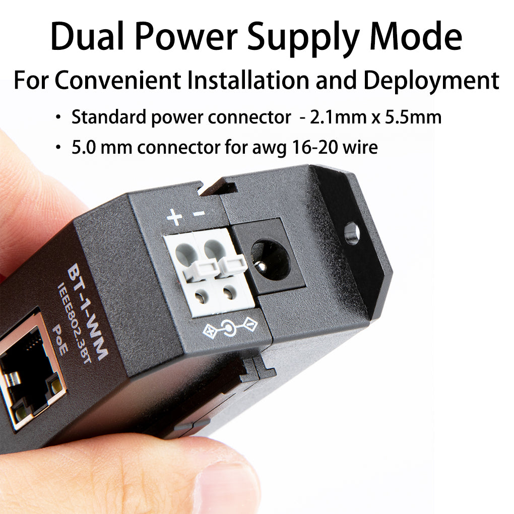 BT-1-WM Single Port 2.5 Gigabit PoE Injector Auto Negotiation POE++ 802.3at/bt Standard 90W Max Output Power High Powered Devices