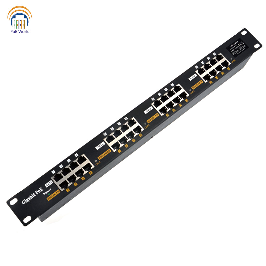 16 Port 1U Gigabit PoE Injector with 180 Watt 240 Watt Power Supply, Rack Mount Midspan Patch Panel Support Mode A Mode B, Dual Power Supply Input