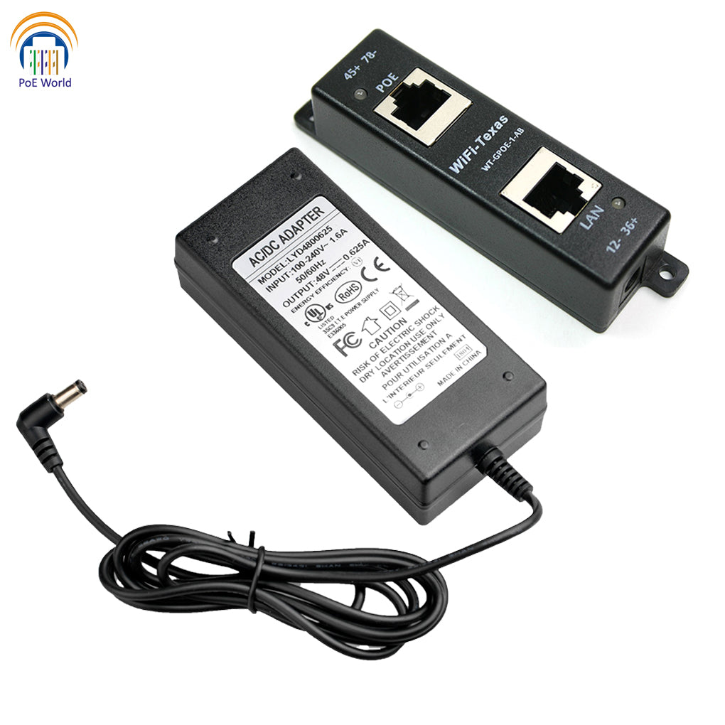 GPOE-1-AB-48v30w Gigabit PoE Injector or Splitter, Dual Mode A and B, Power on all 4 pairs, Included Power supply (48Volt 30Watt ), for up to 30 watts total