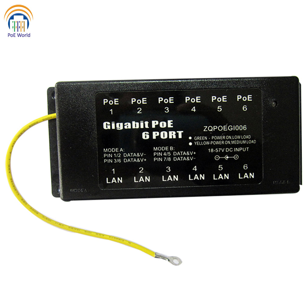 GPOE-6-AB-Y 6 Port Gigabit PoE Injector 802.3af Passive POE Standard Ethernet Connector with 2 DC Input for UBNT Camera-Power Supply Not Included