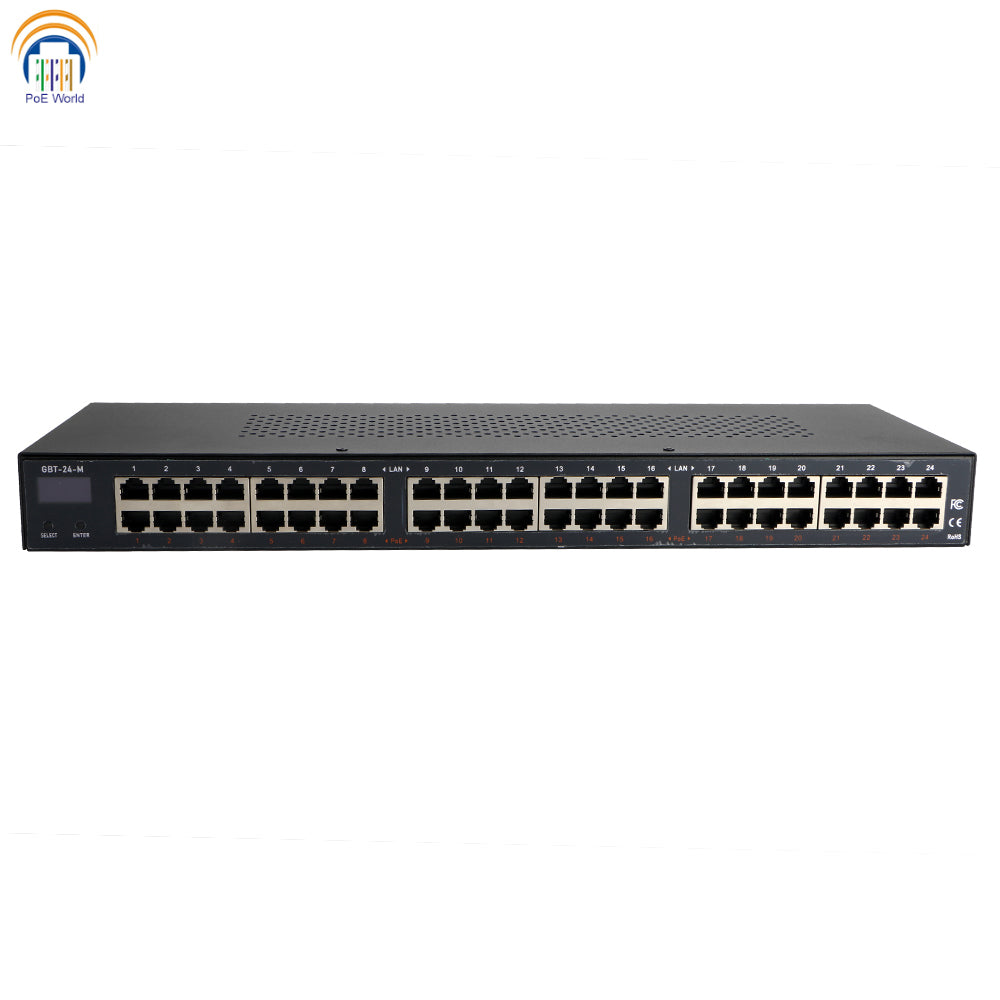 GBT-24-M Managed PoE Injector Gigabit Data Speed 24 Port Mid-Span Injector Support IEEE 802.3 Bt 80W Output Per Port OLED Dispaly Passive Active configuration