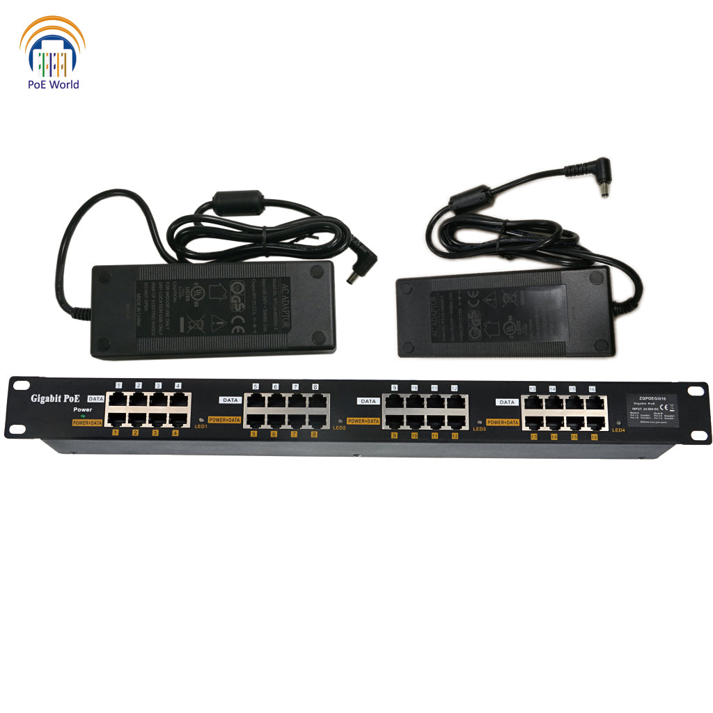 16 Port 1U Gigabit PoE Injector with 180 Watt 240 Watt Power Supply, Rack Mount Midspan Patch Panel Support Mode A Mode B, Dual Power Supply Input