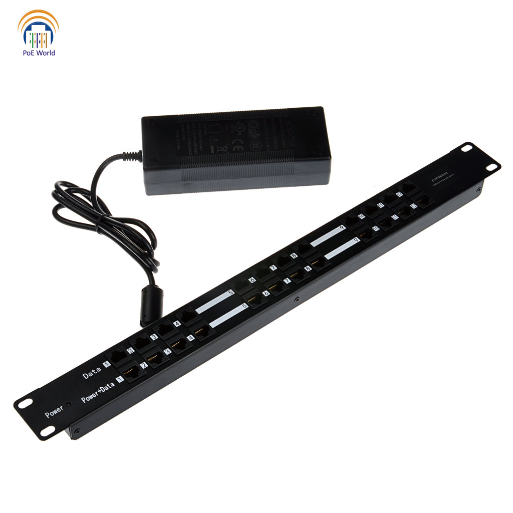 12 Port PoE Injector with Power Supply 100mbps Data Speed Mode B Operation 12-56Volt Power Input, 60 Watt 120 Watt Power Supply for Option