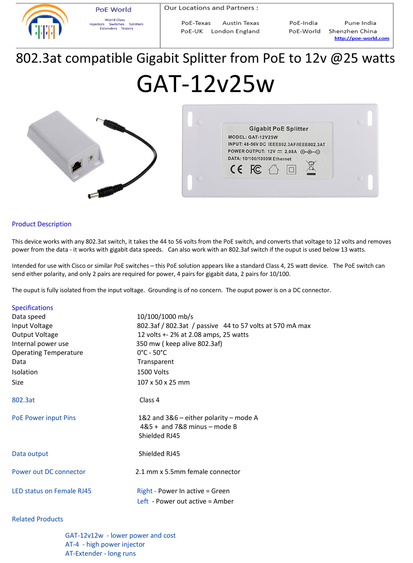 GAT-12v25w Gigabit PoE Splitter 1000Mbps Ethernet Speed Power Over Ethernet Splitter with 12 Volt 25 Watt Output for 12V Non-poe Devices