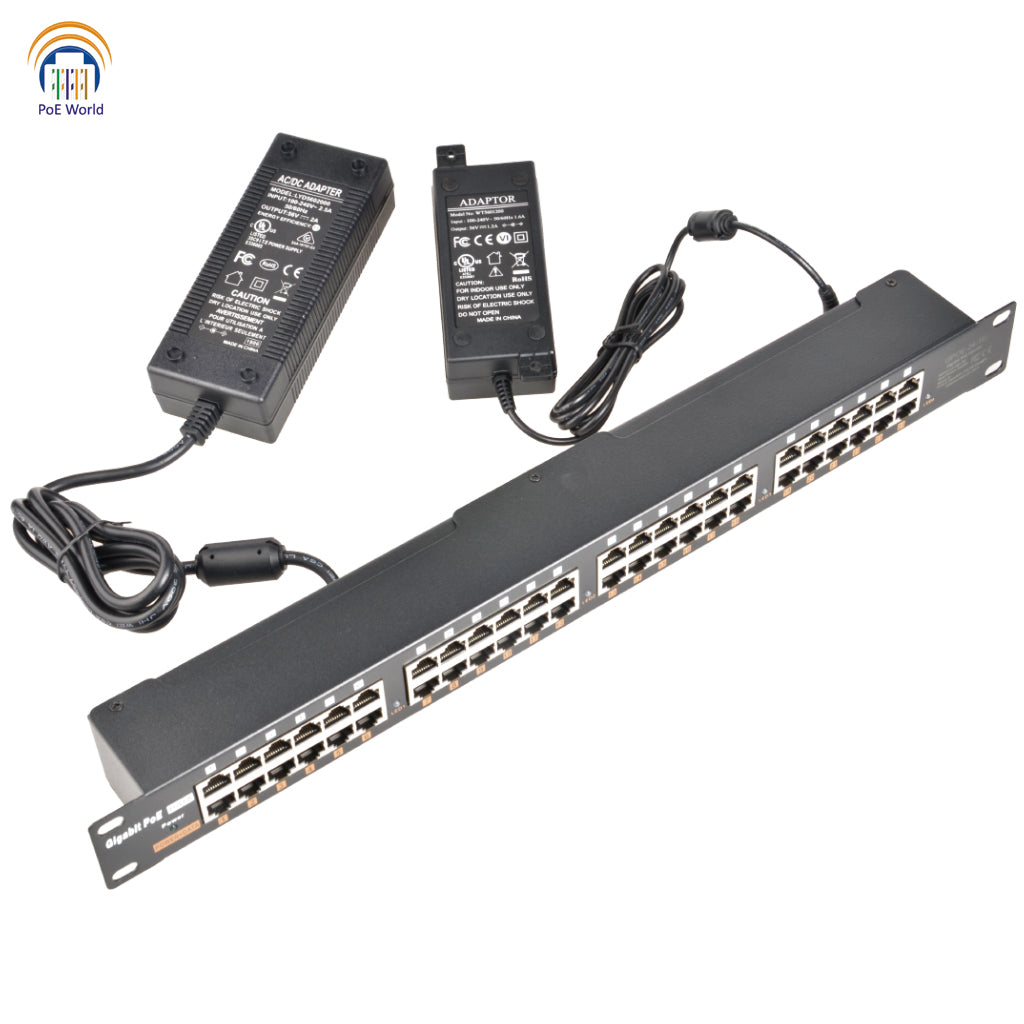 24-Port Gigabit Rack Mount PoE Injector with 240W Power Supplies, Support Mode B, IEEE802.3af/at, Dual Power Supply Inputs