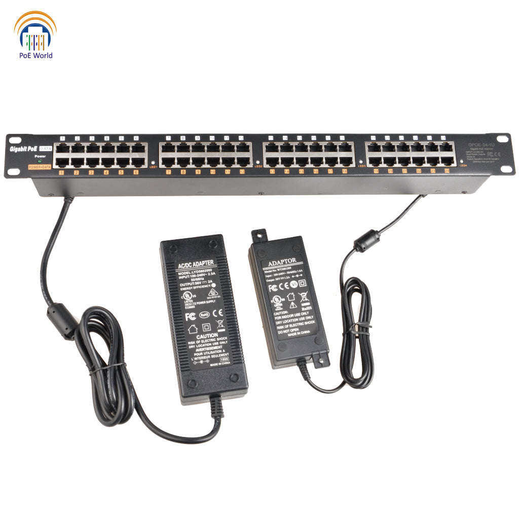 24-Port Gigabit Rack Mount PoE Injector with 240W Power Supplies, Support Mode B, IEEE802.3af/at, Dual Power Supply Inputs