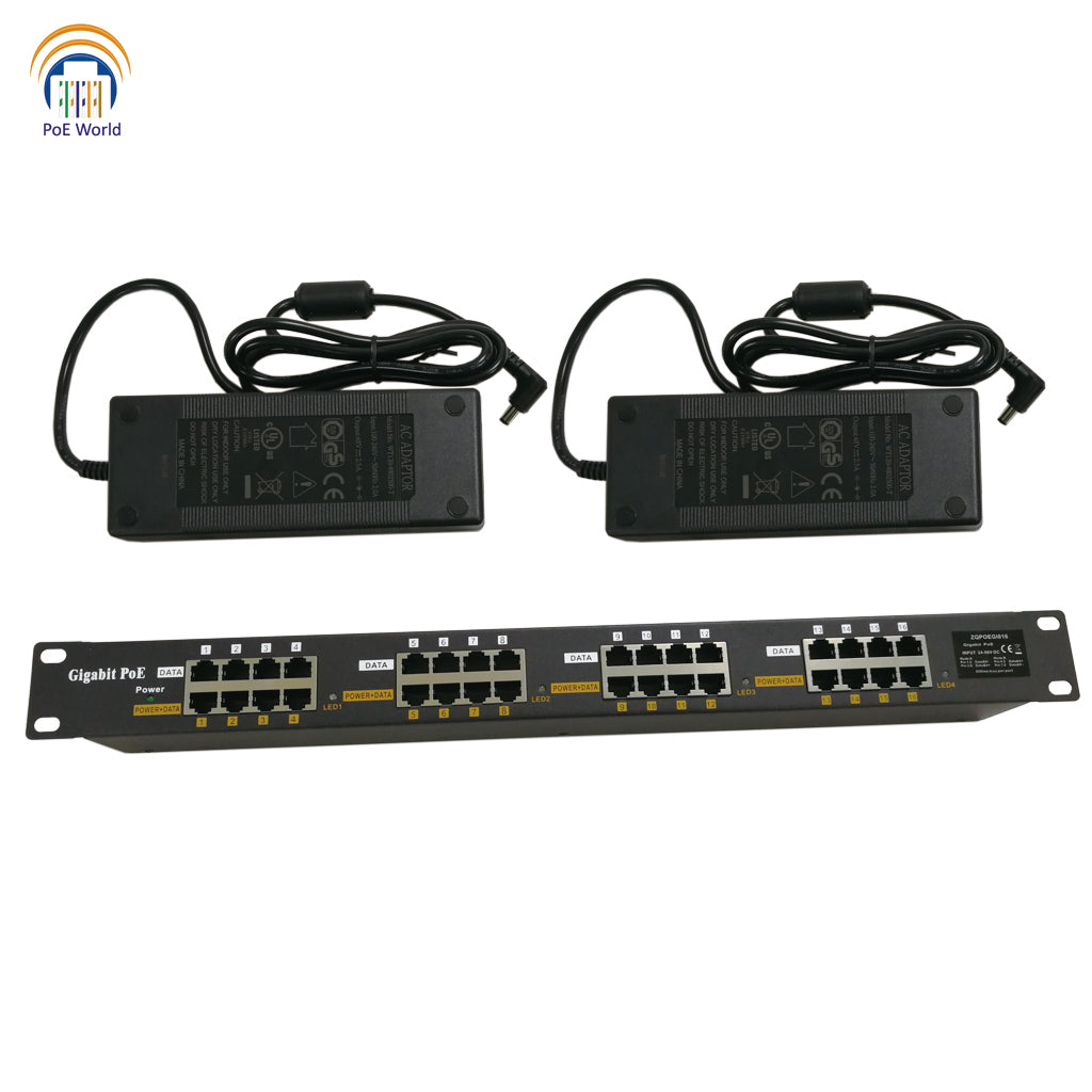 16 Port Gigabit PoE Injector with 56 Volt 120 Watt 240 Watt Power Supply for Option Passive POE 30Watt Max Output