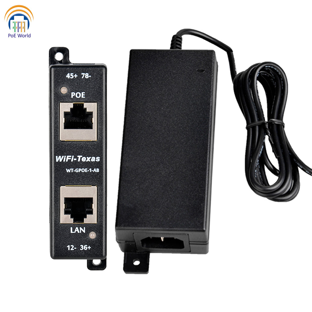 GPOE-1-AB-48v60w Gigabit 1 Port PoE Injector with 48 Volt Power Supply, Passive POE+802.3at For PTZ Camera or Other High Powered Devices, Up to 60 Watt Max Output