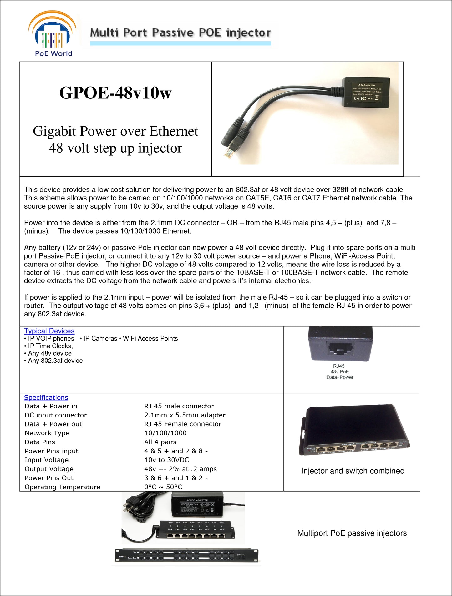 GPOE-48V10W Gigabit PoE Converter 10-30V Input 48V Output For Any 802.3af 48V devices