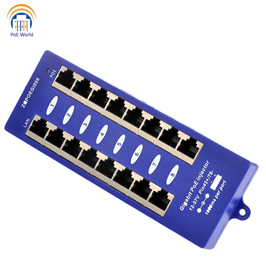 GPOE-8-24v60w 24V Gigabit PoE Patch Panel 8 Port Passive PoE Power over Ethernet Injector for Ubiquiti, Mikrotik with 60 Watt Power Adapter