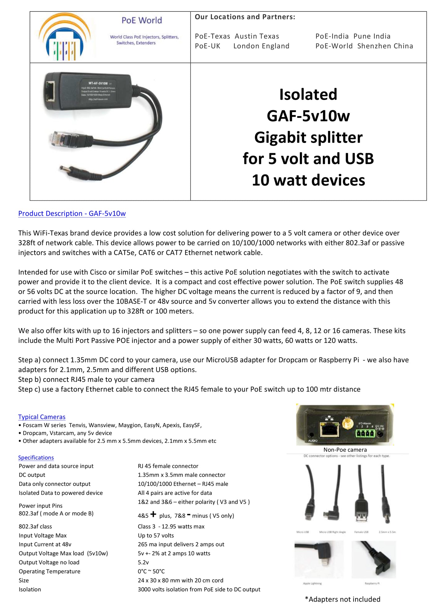 GAF-5v10W POE Splitter PoE separator, 1.35x3.5mm Male Connector, Gigabit 802.3af Power Over Ethernet Splitter for 5 Volt Wanscam Non-poe Device