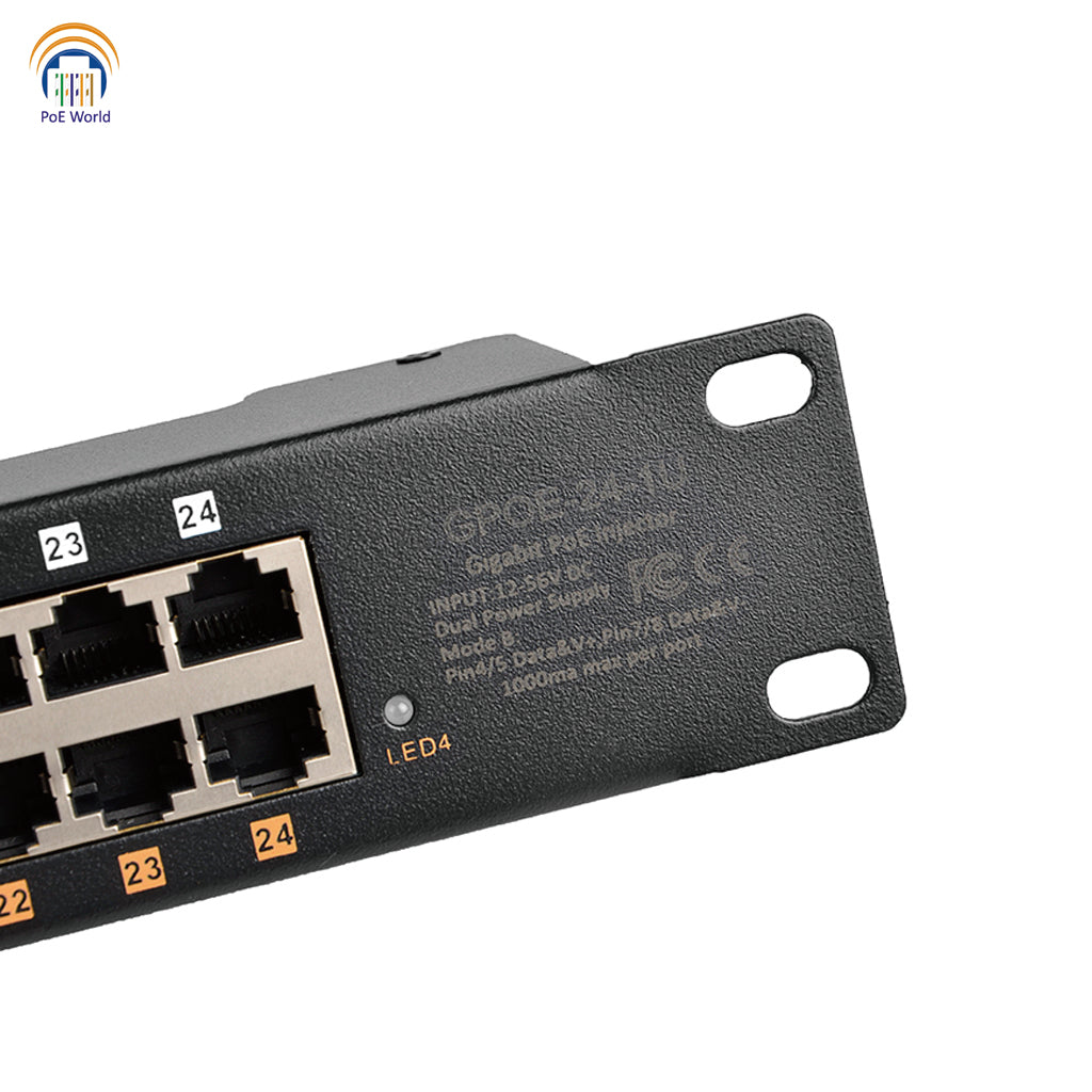 24-Port Gigabit Rack Mount PoE Injector with 240W Power Supplies, Support Mode B, IEEE802.3af/at, Dual Power Supply Inputs
