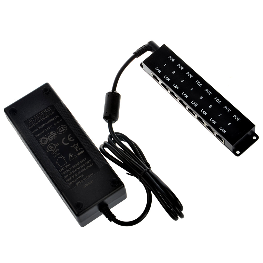 POE-8-48v120w 8 Port PoE Injector, 10/100mbps Data Speed, Mode B Operation, with 48 Volt 2.5 Amps 120 Watt Power Supply
