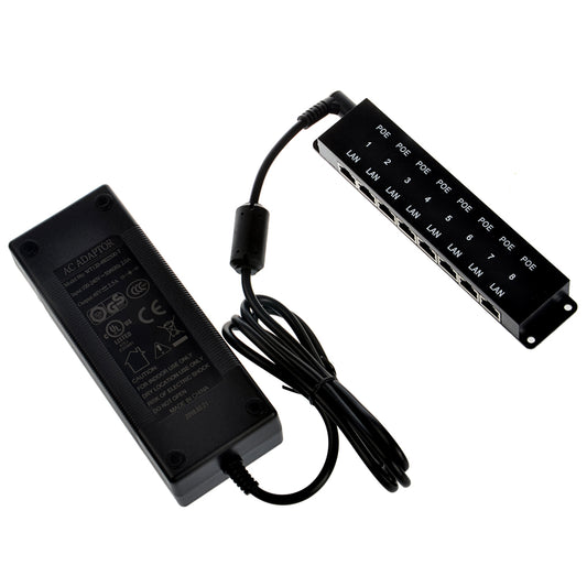 POE-8-48v120w 8 Port PoE Injector, 10/100mbps Data Speed, Mode B Operation, with 48 Volt 2.5 Amps 120 Watt Power Supply