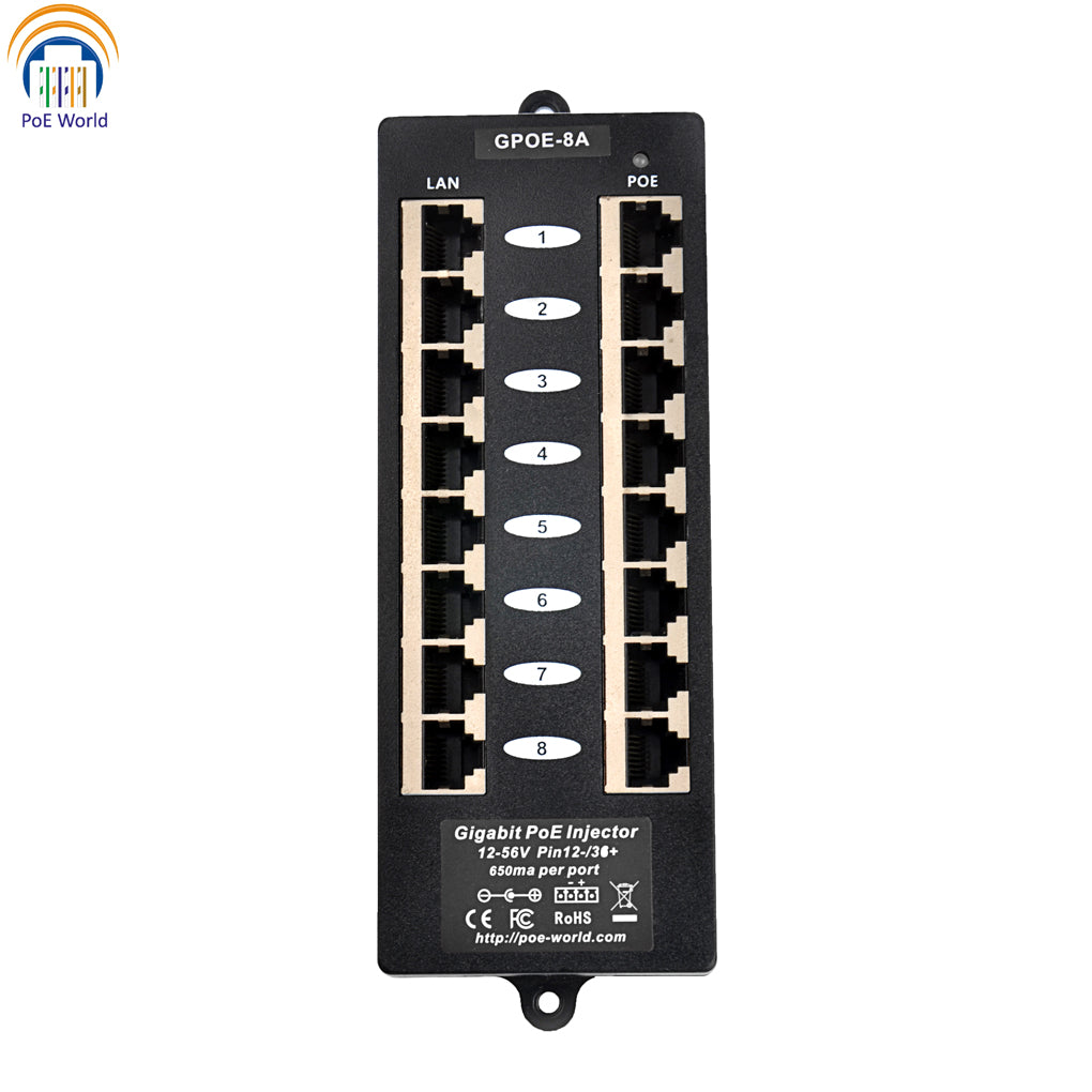 PoE World PoE Injector 8 Port Power Over Ethernet Injector for Passive  Device 8 LAN+PoE Port 10/100 Data rate for IP Camera, VOIP, Wall