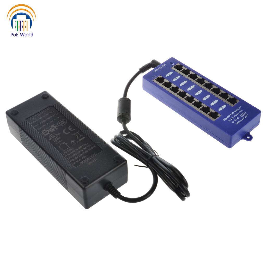 GPOE-8-48V60W 8 Port Gigabit Passive Power over Ethernet Injector for Ubiquiti Mikrotik Include 48 Volt 60 Watt Power Adapter