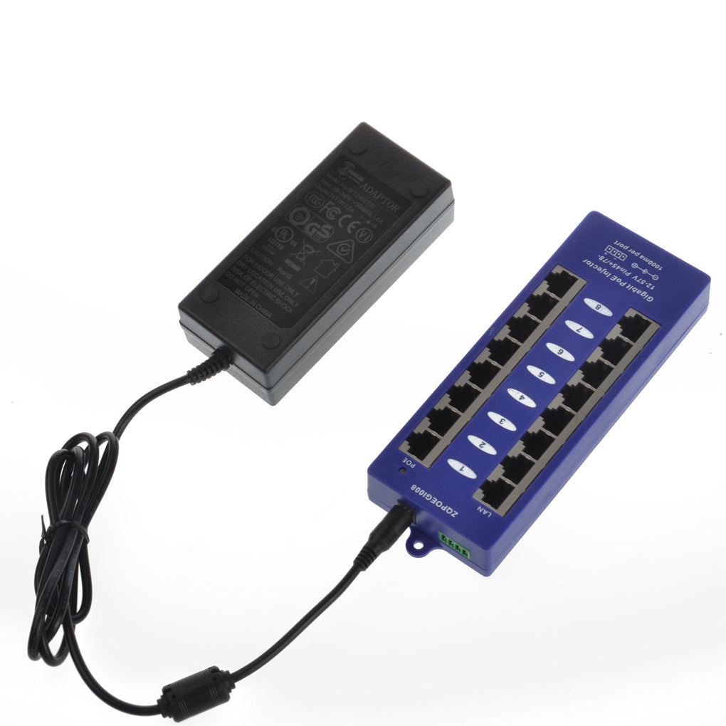 GPOE-8-24v60w 24V Gigabit PoE Patch Panel 8 Port Passive PoE Power over Ethernet Injector for Ubiquiti, Mikrotik with 60 Watt Power Adapter
