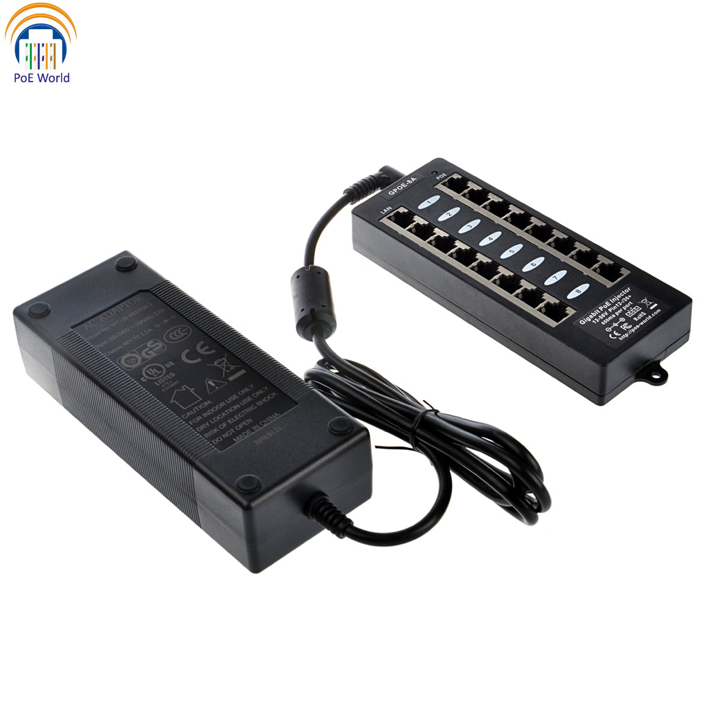 802.3af Passive Gigabit 8 Port PoE Injector with Power Supply, Mode A Operation, 60 Watt 120 Watt Power Supply for Option
