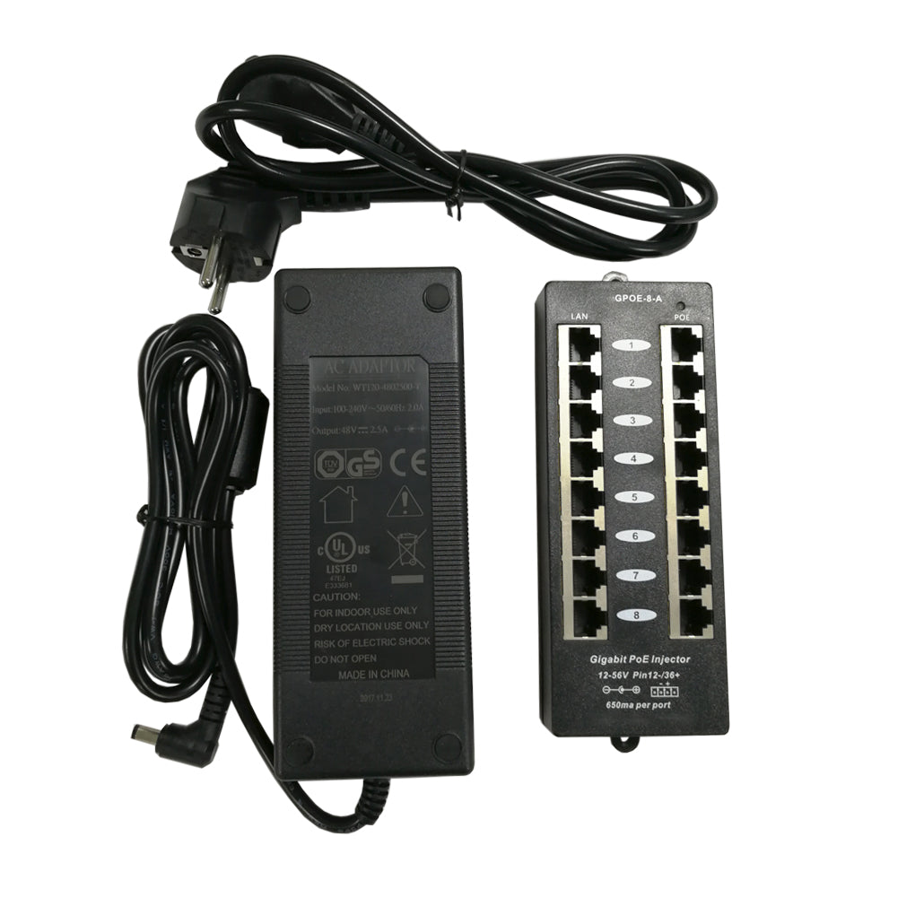 802.3af Passive Gigabit 8 Port PoE Injector with Power Supply, Mode A Operation, 60 Watt 120 Watt Power Supply for Option