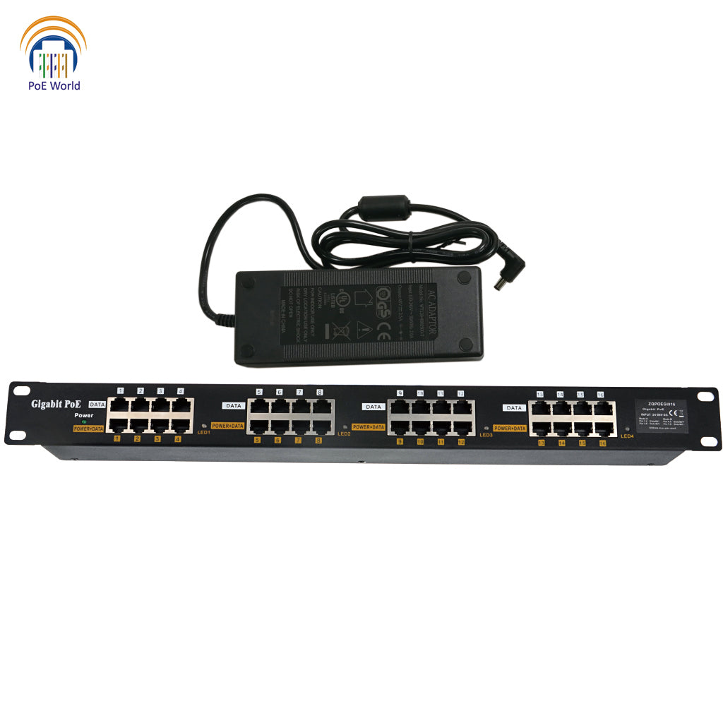 16 Port 1U Gigabit PoE Injector with 180 Watt 240 Watt Power Supply, Rack Mount Midspan Patch Panel Support Mode A Mode B, Dual Power Supply Input