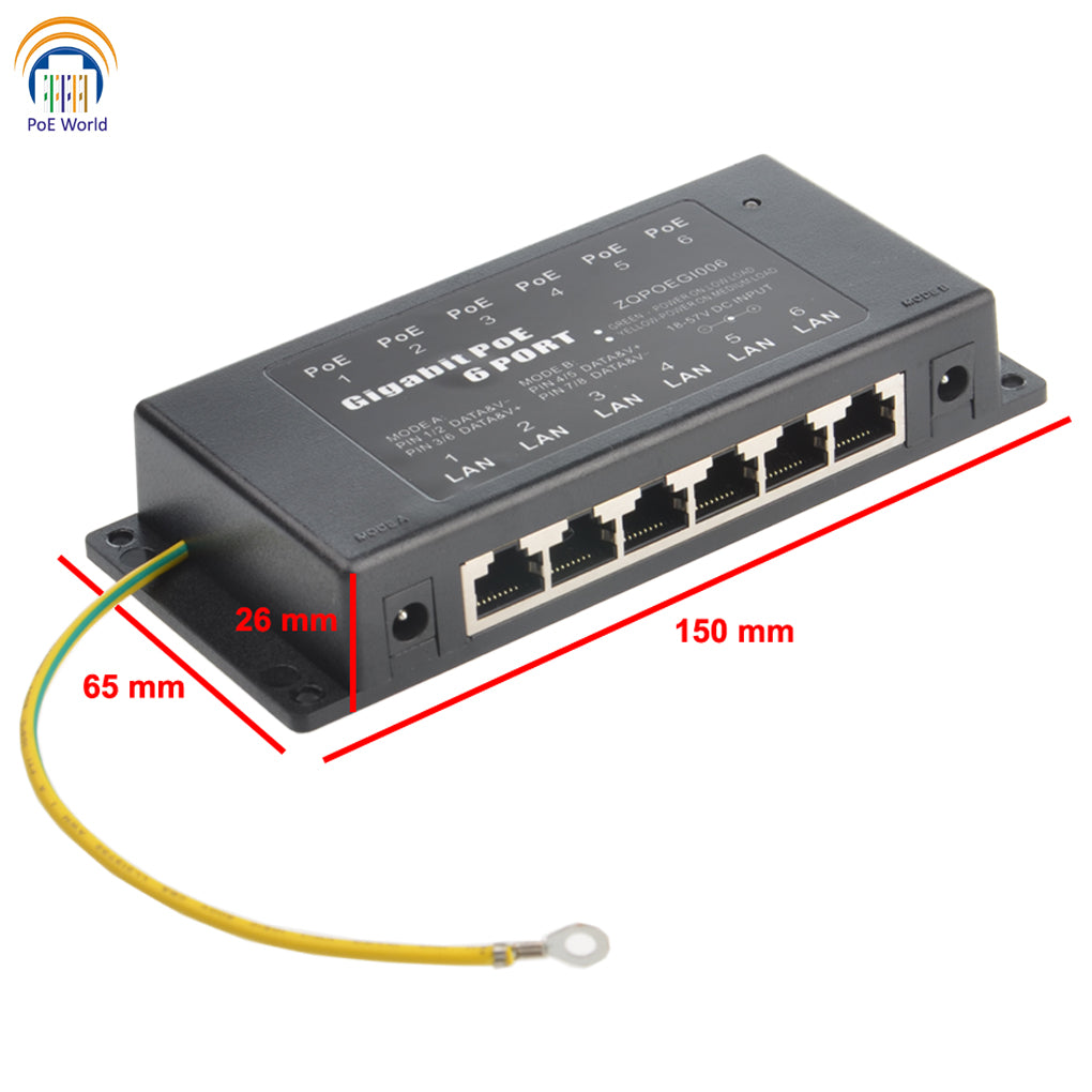GPOE-6-AB-Y 6 Port Gigabit PoE Injector 802.3af Passive POE Standard Ethernet Connector with 2 DC Input for UBNT Camera-Power Supply Not Included