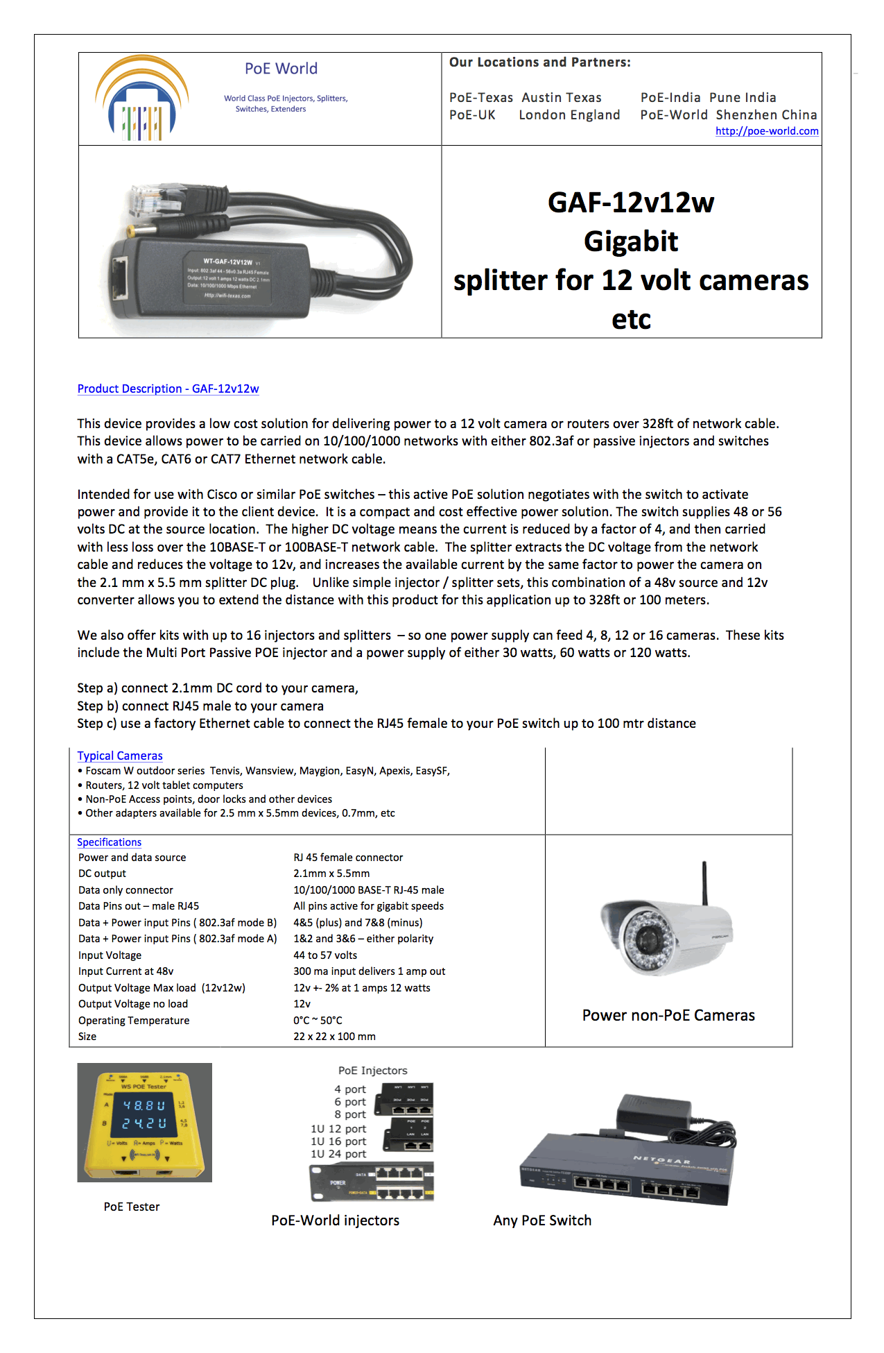 GAF-12v12w 12 Volt 12 Watt Gigabit PoE Splitter, 802.3af Gigabit Poe Splitter with 12V Output for Non-poe Camera PoE Separator for any 12V Devices