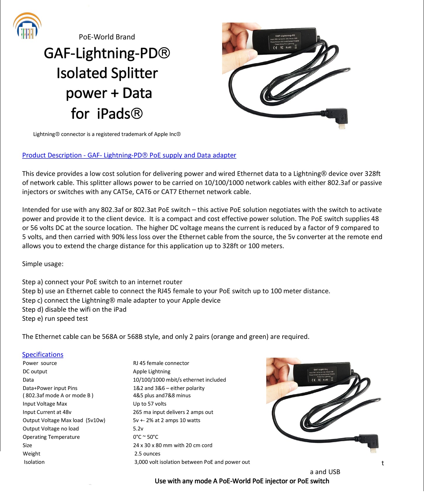 GAF-Lightning-PD 802.3af PoE to 5V10W Delivery Power and Ethernet for Conference Rooms Mounted Tablets IPAD devices