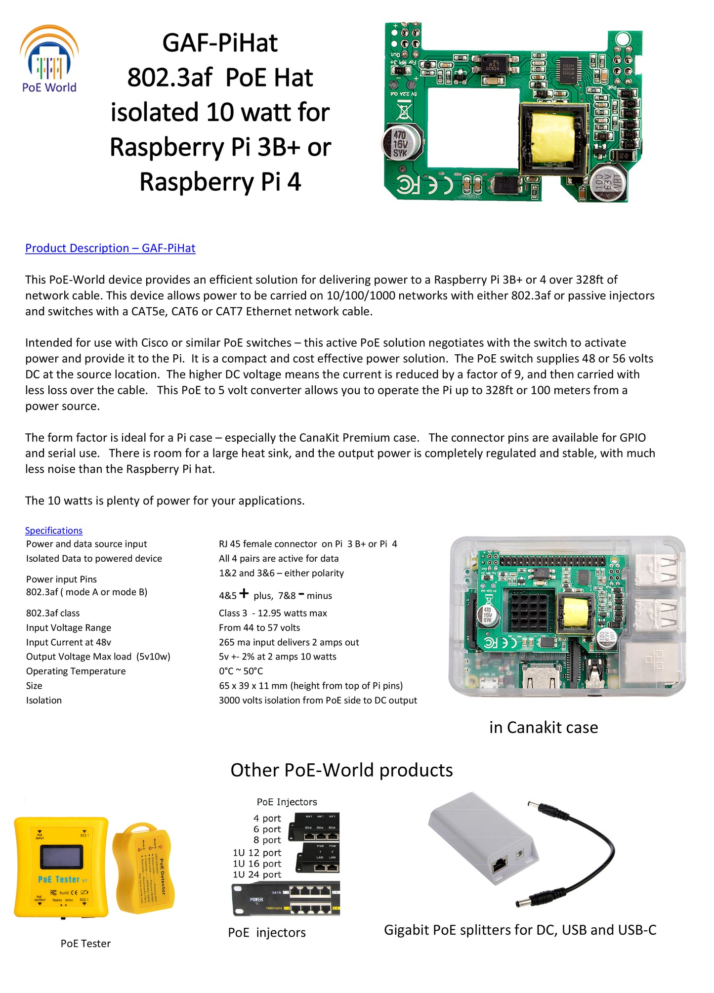 GAF-Pihat Active Power Over Ethernet (PoE) HAT for Raspberry Pi Pi3B+ Pi4, Gigabit Data Speed, 44-56V PoE Input 10 watt Output PoE Hat board