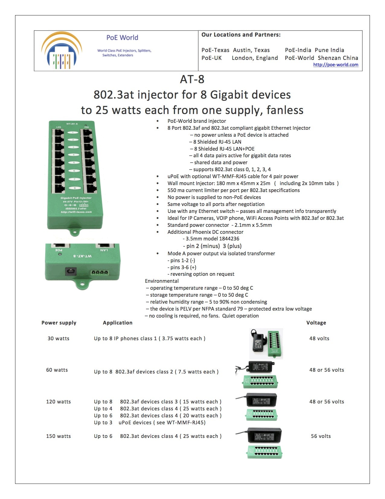 GAT-8 IEEE 802.3at Active Gigabit PoE+ Injector Power Over Ethernet Injector Plus with 60 Watt 120 Watt Power Supply for Option