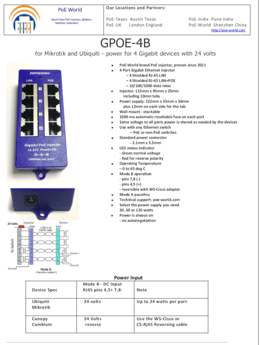 GPOE-4B 4 Port Gigabit PoE Injector Multi-port Midspan Injector, Support Mode B Passive 24 Volt 48 Volt PoE- Not Include Power Adapter