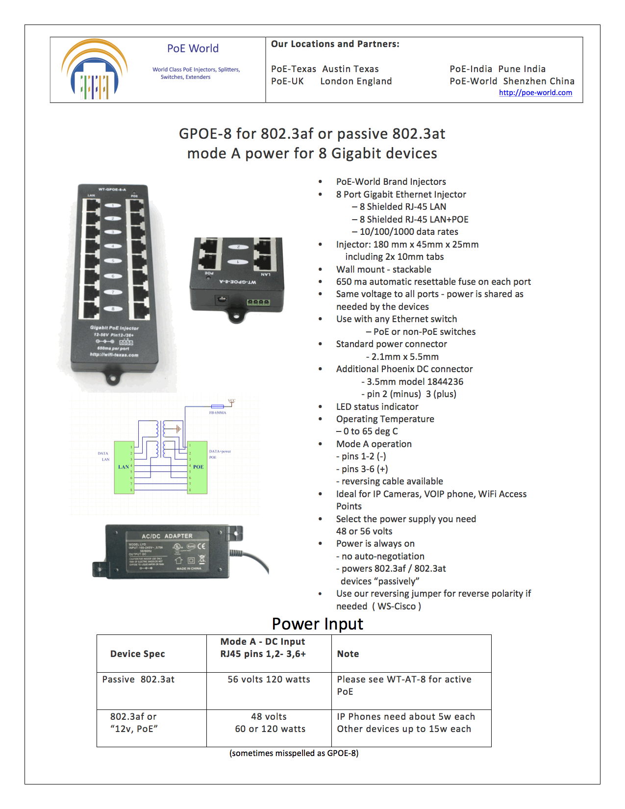 GPOE-8 10/100/1000mbps Mode A Gigabit PoE Injector IEEE802.3af Power Over Ethernet Injector-Power Supply Not Inclueded
