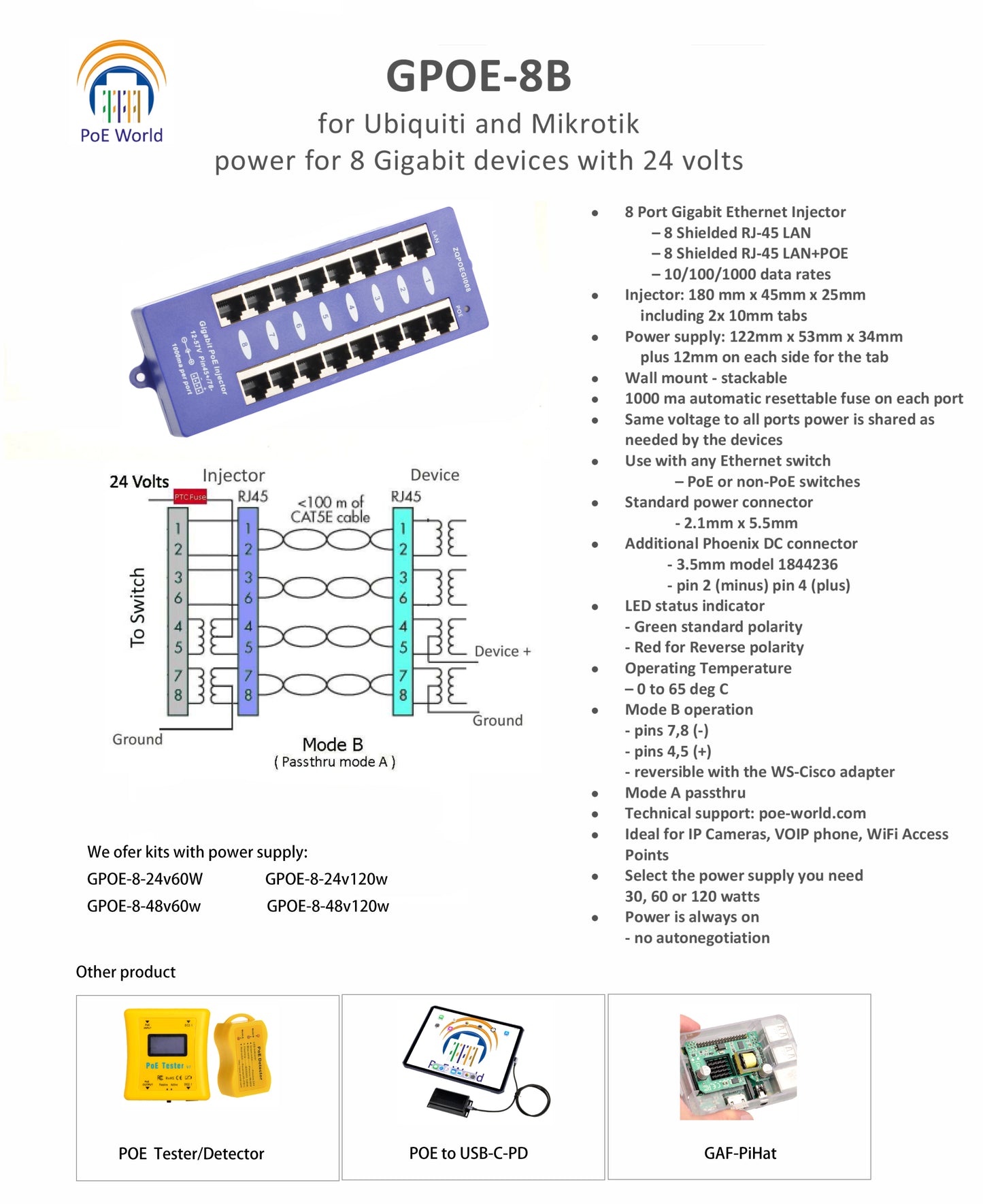 GPOE-8-24v60w 24V Gigabit PoE Patch Panel 8 Port Passive PoE Power over Ethernet Injector for Ubiquiti, Mikrotik with 60 Watt Power Adapter