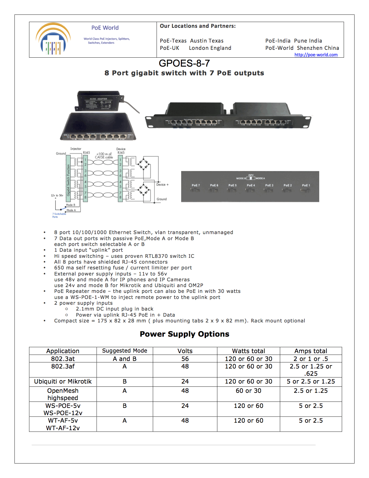 GPOES-8-7 Gigabit PoE Switch with 7 POE Port and 1 Uplink Support Mode A Mode B 24V 48V Output - Power Supply Not Included