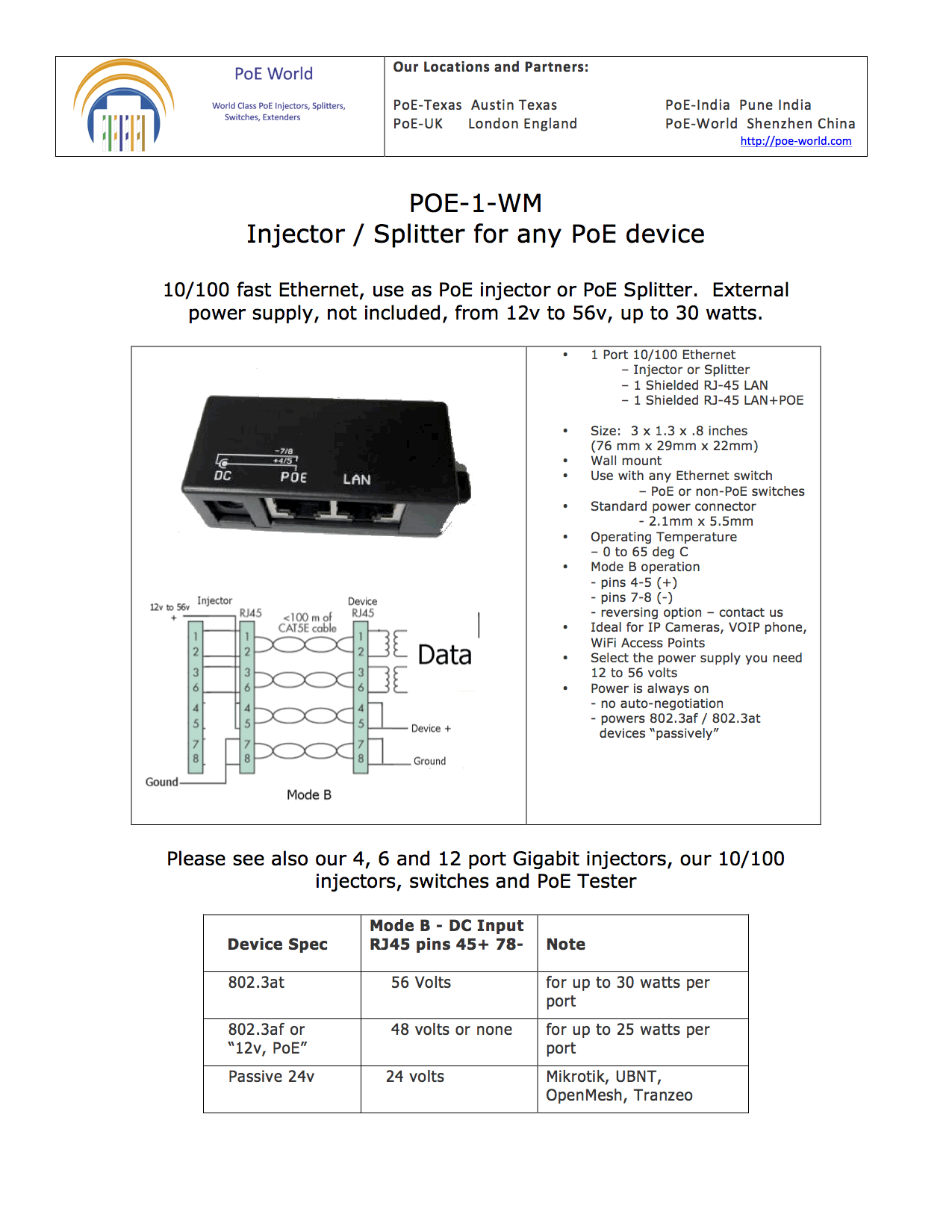 POE-1-WM Single Port PoE Injector 10/100mbps Data Speed Mode B Power Over Ethernet Injector