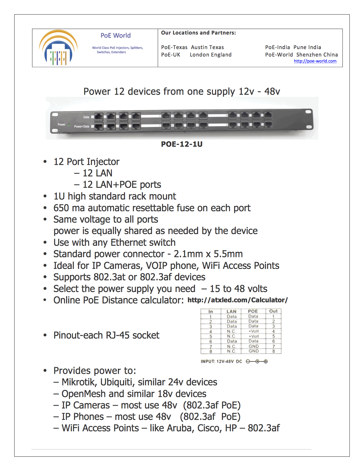 POE-12-1U 12 Port Passive PoE Injector 100mmbps Data Speed 802.3af Power Over Etherenet Patch Panel-Power Supply Not Included