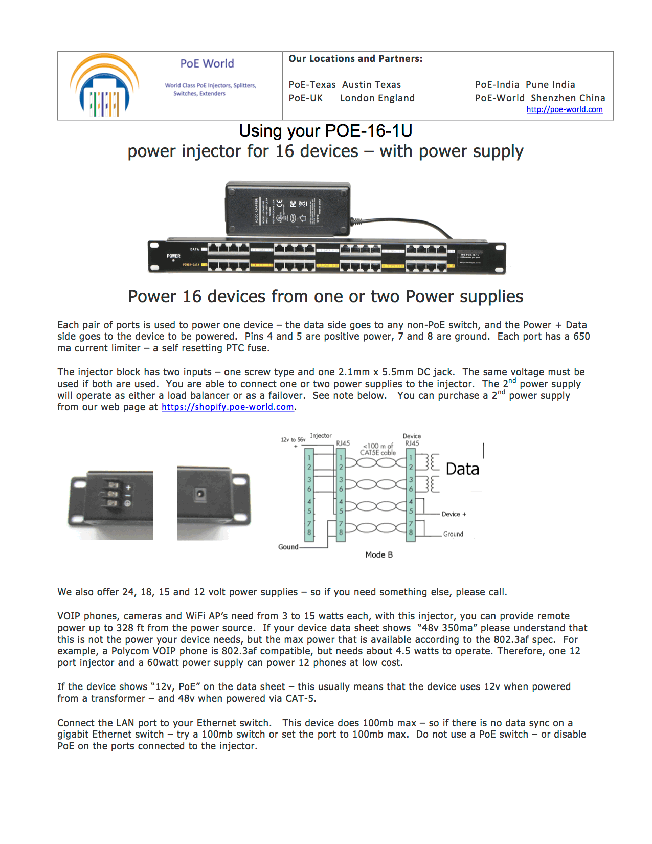 16 Port Passive PoE Injector Rack Mount Midspan Patch Panel With 24 Volt 48 Volt Power Supply for Option, Power Up to 16pcs PoE Cameras
