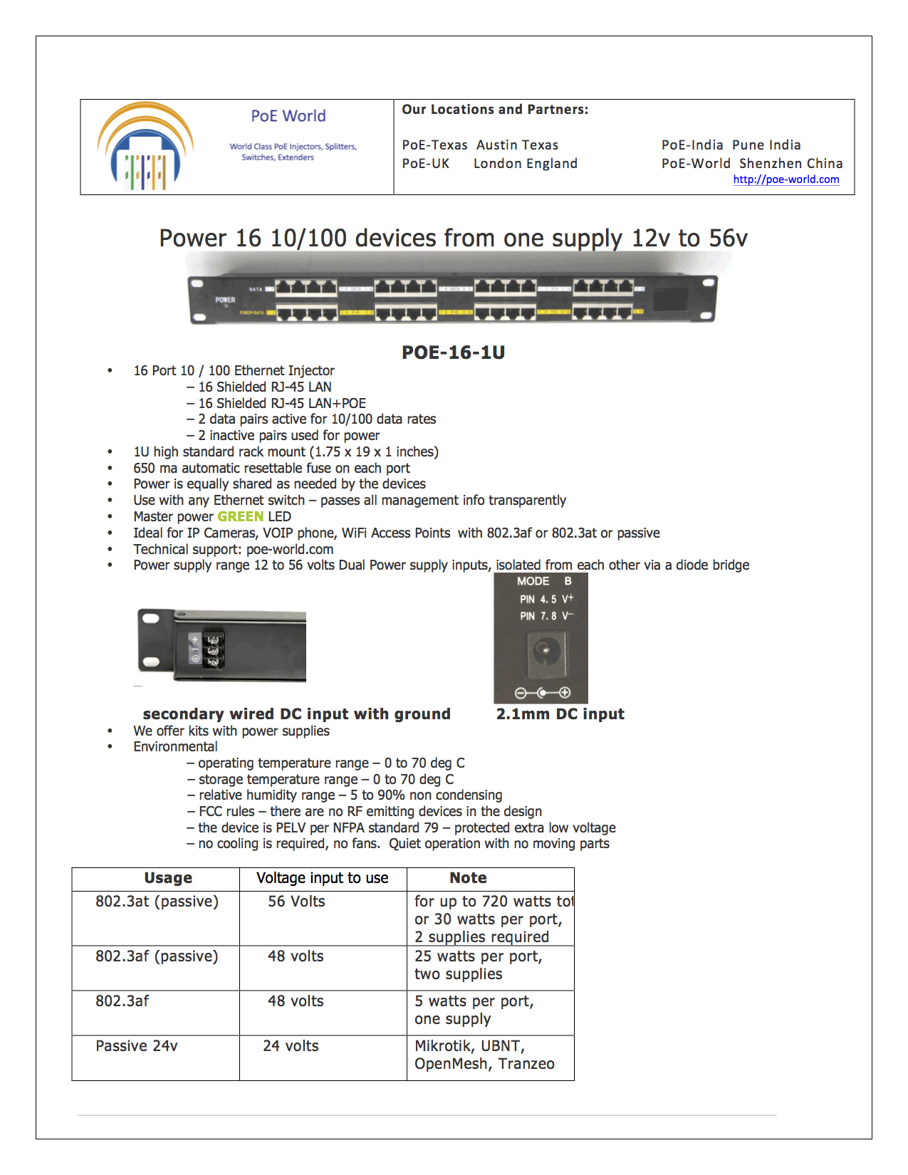 POE-16-1U Rack mountable 16Port PoE Injector Mode B 10/100 Data Speed Power Supply Not Included