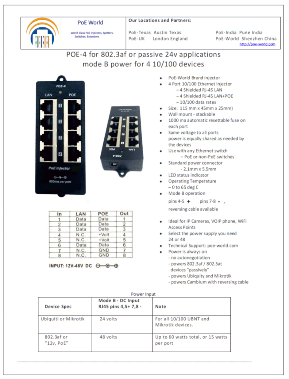 POE-4 PoE Injector 4 Port Passive Mode B Power Over Ethernet Injector - Power Adapter Not Included