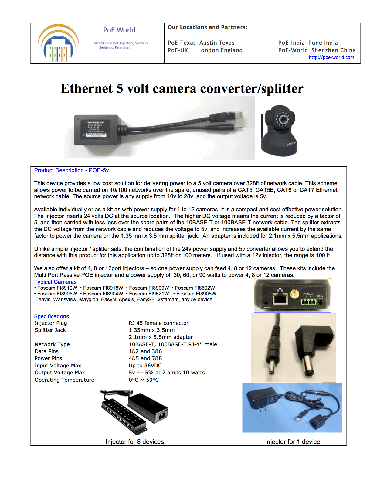 WS-POE-5V10W Passive POE Splitter for 5 volt Camera with 10 watt Output 1.35*3.5mm DC Output