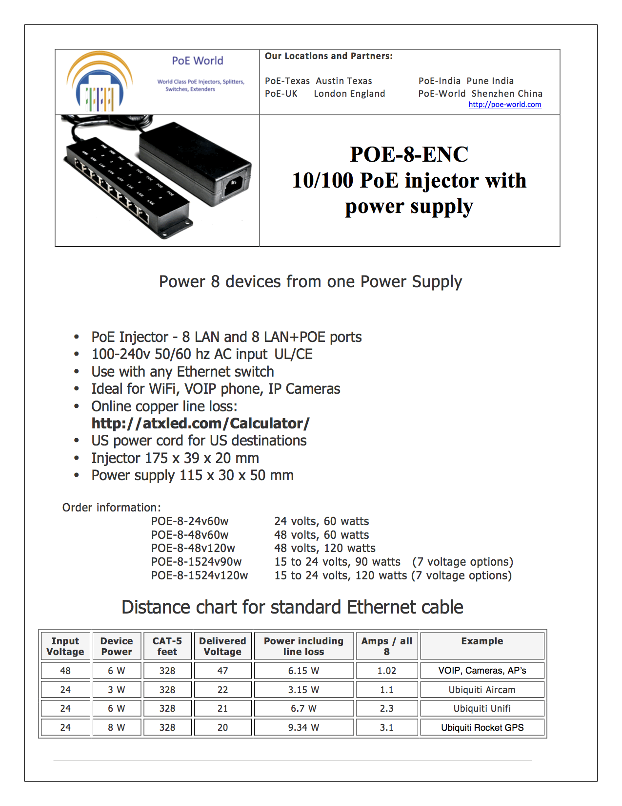 Passvie PoE Injector with Power Supply Kit Power Up to 8 IP Cameras Wireless AP, 12-56 Volt Power Input, 60 Watt 120 Watt for Option