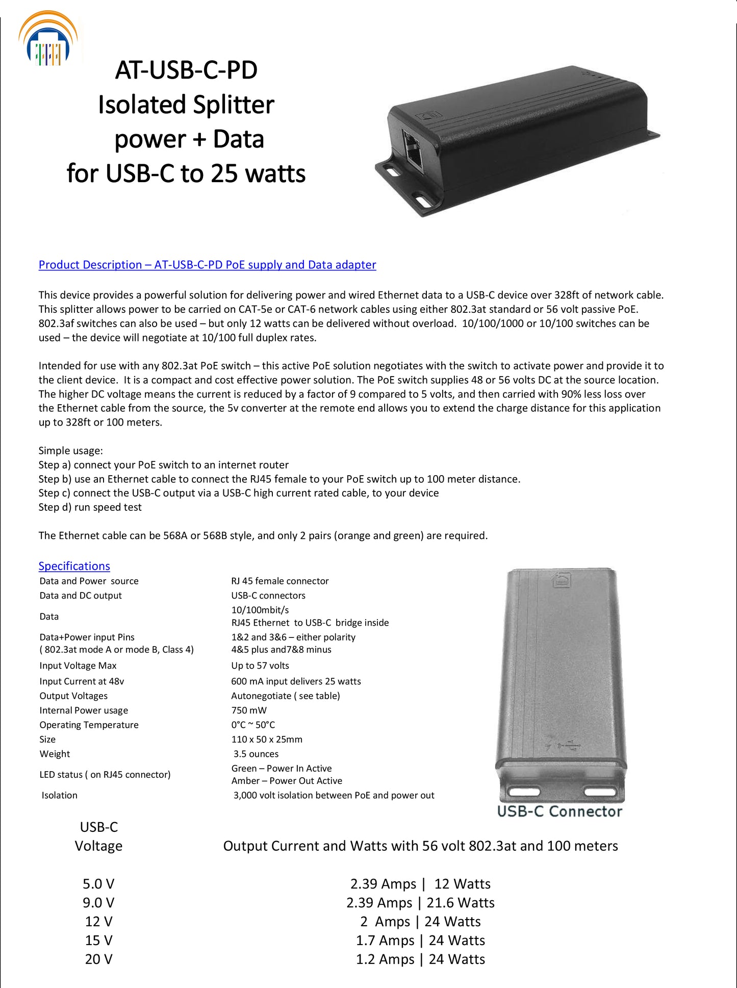 GAT-USBC-PD 802.3at PoE+to USB-C Delivery Power+Ethernet Data with 25 Watt Output, Compatible with Tablet Computer Ipad Pro12.9'' Surface Go