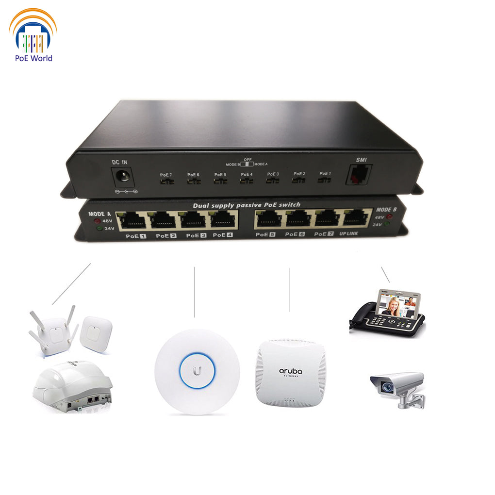 POES-8-7 Passive PoE Switch 100mbps Data Speed with 1 Uplink and 7 PoE Port - Power Supply Not Included