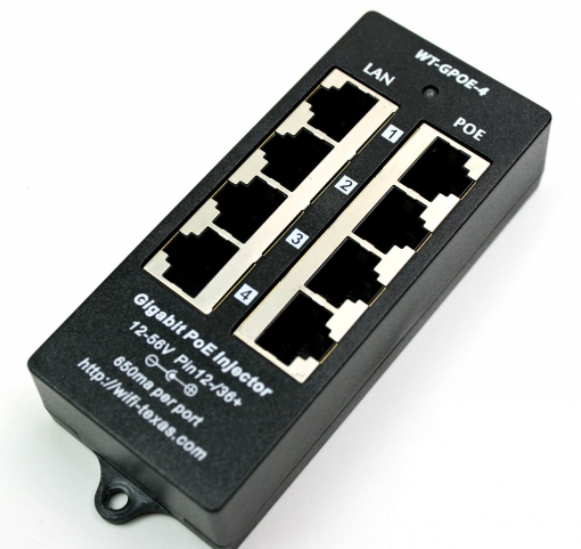 4 Port Gigabit PoE Injector IEEE 802.3af Mode A Midspan Injector with 48 Volt 60 Watt Power Supply ( Power supply was Optional )