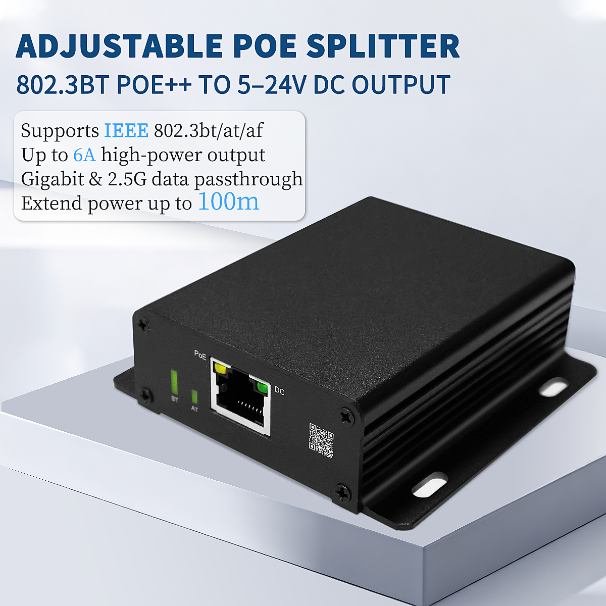 GBT-65W Adjustable PoE Splitter, 65W PoE++ to 5–24V DC Output, Gigabit ...