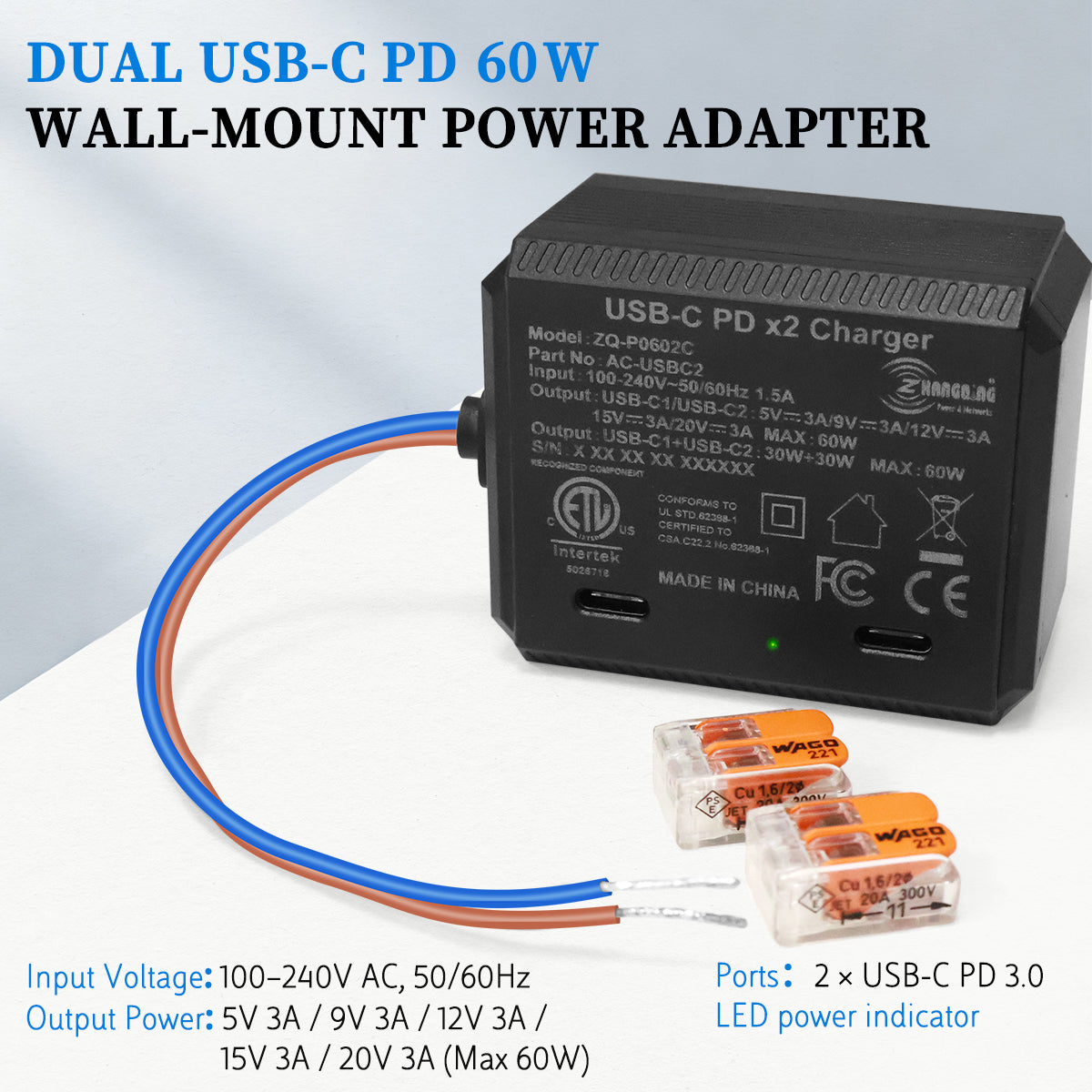 AC-USBC2-EU Dual USB-C Charger Wall-Mount Power Adapter Type-C PD3.0 60W Max Output Power Supplier for for Laptops, Tablets, and Smartphones