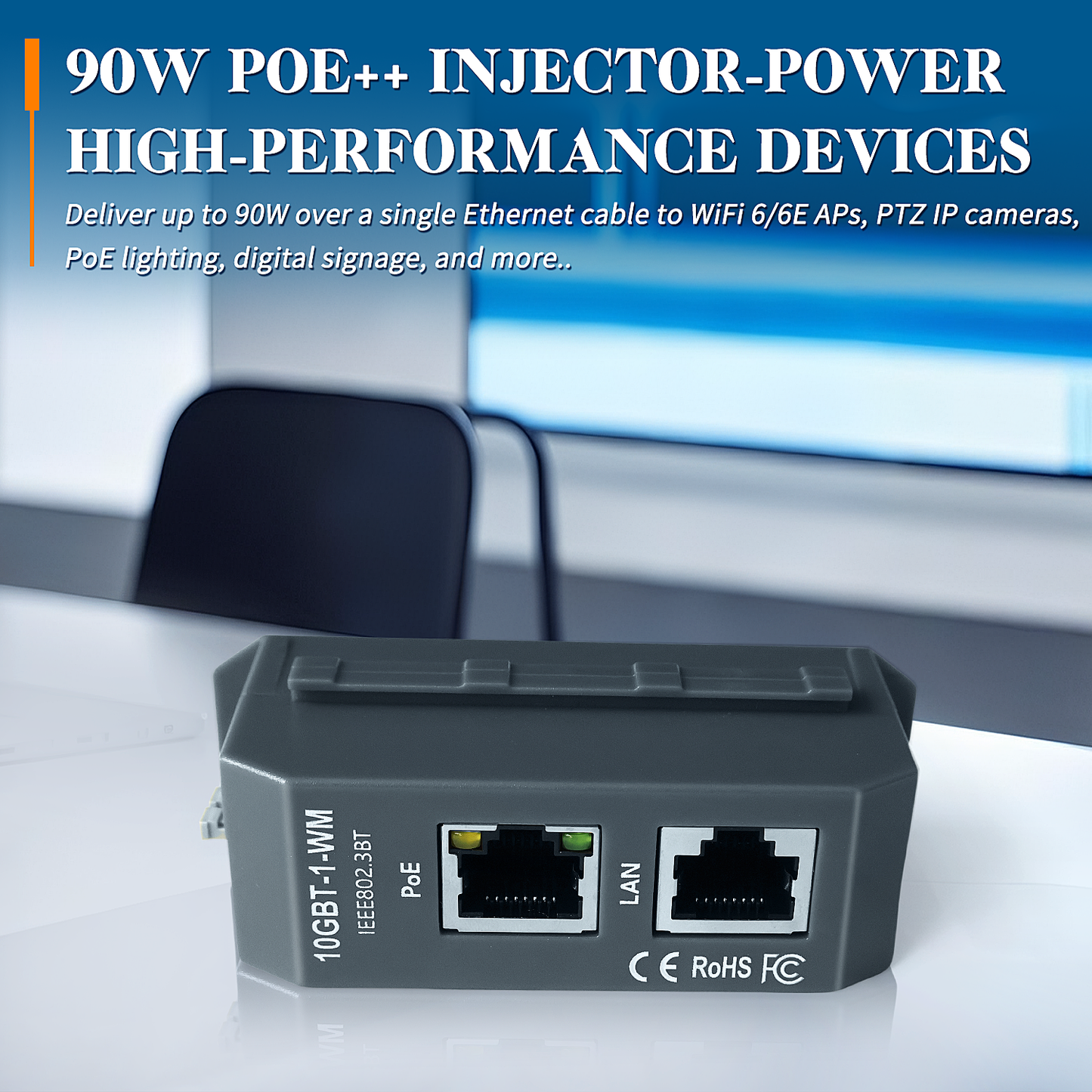 10GBT-1-WM Single Port 10 Gigabit 802.3bt PoE++ Injector | 90W Max Output | IEEE 802.3af/at/bt | Wall & DIN Mount