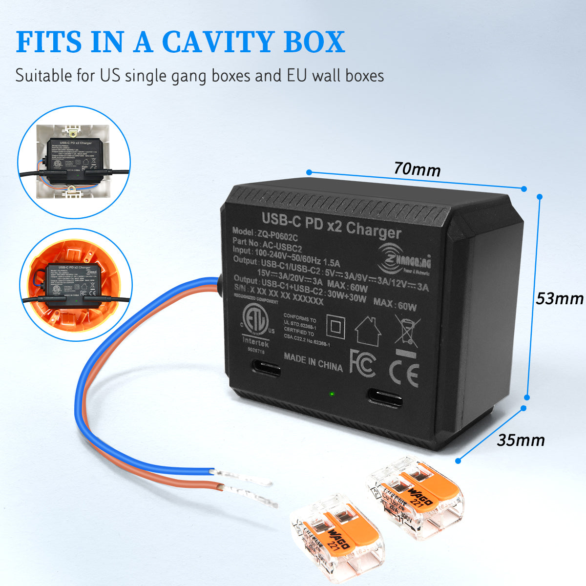 AC-USBC2-EU Dual USB-C Charger Wall-Mount Power Adapter Type-C PD3.0 60W Max Output Power Supplier for for Laptops, Tablets, and Smartphones